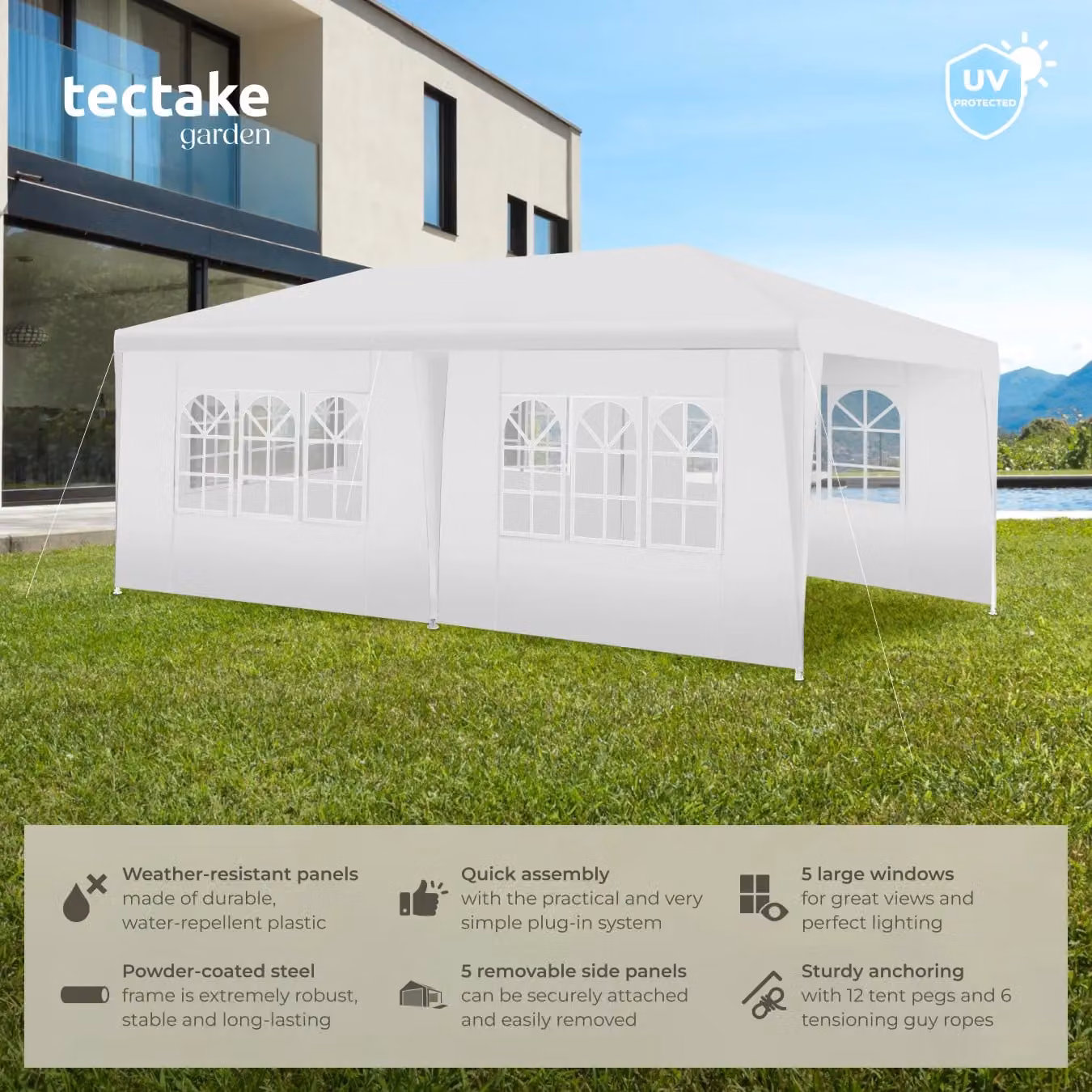 tectake Gazebo Novara in White with 5 Side Panels and Windows, W/D/H: 600 x 300 x 250 cm – 2