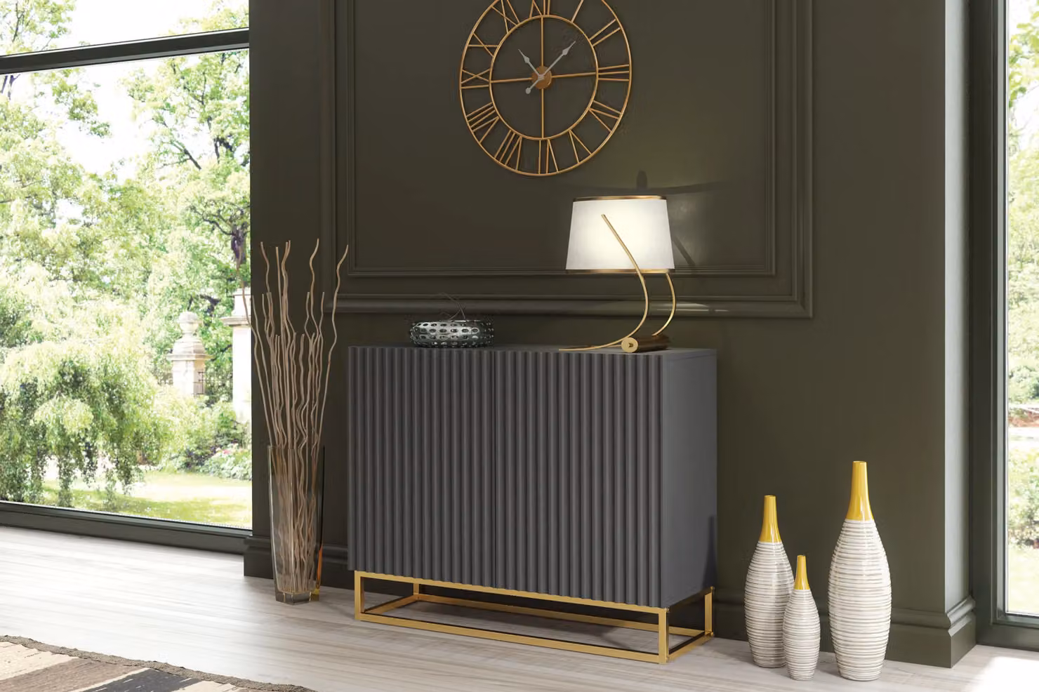 Mex Furniture LTD Dark Grey Fluted Sideboard with Gold Base, W: 100 cm, H: 80 cm, D: 35 cm – 3