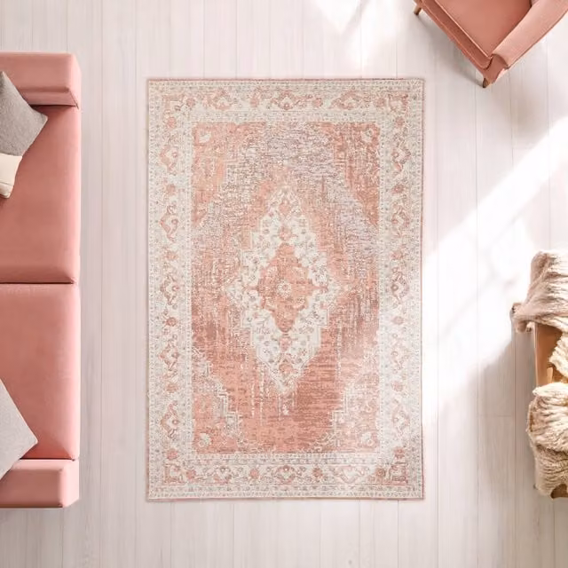 Orsina Bosie Morvi Small Round Pink and Multicolour Floral Woven Cotton Rug, Diameter: 100 cm