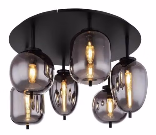 Globo Lighting Blacky Modern Sphere Ceiling Light in Black with Smoke Glass Shade and 6x E14 Sockets
