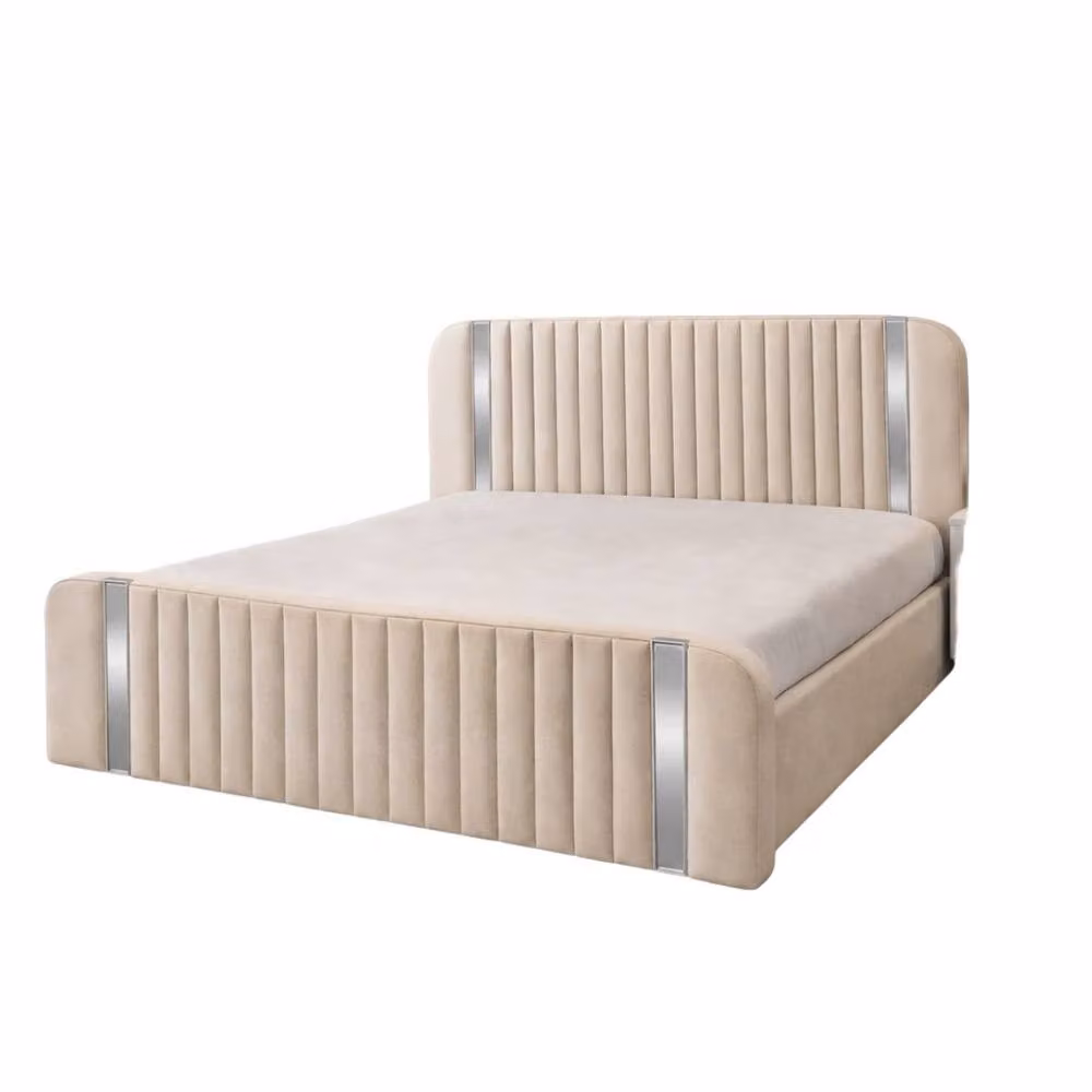 Stratus Interiors Aura Rounded Upholstered Panel Bed Frame with Silver Accents in Beige, W/D/H: 150 x 200 cm – 2