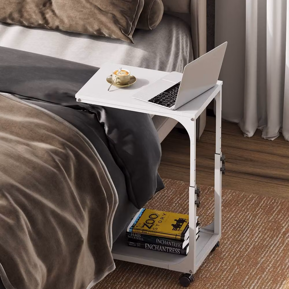 Rolipo Adjustable C-Shaped Side Table with Wheels, White, Metal – 3