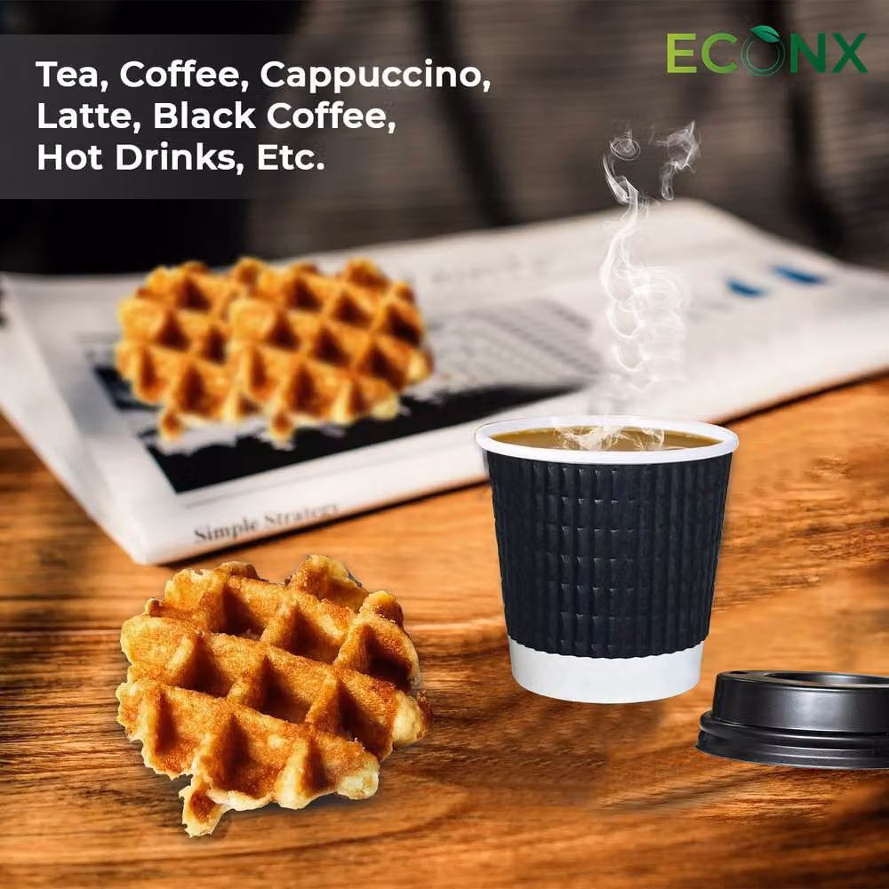 ECONX 100 Black Triple Layer Ripple Paper Coffee Cups with Lids, 4oz – 7