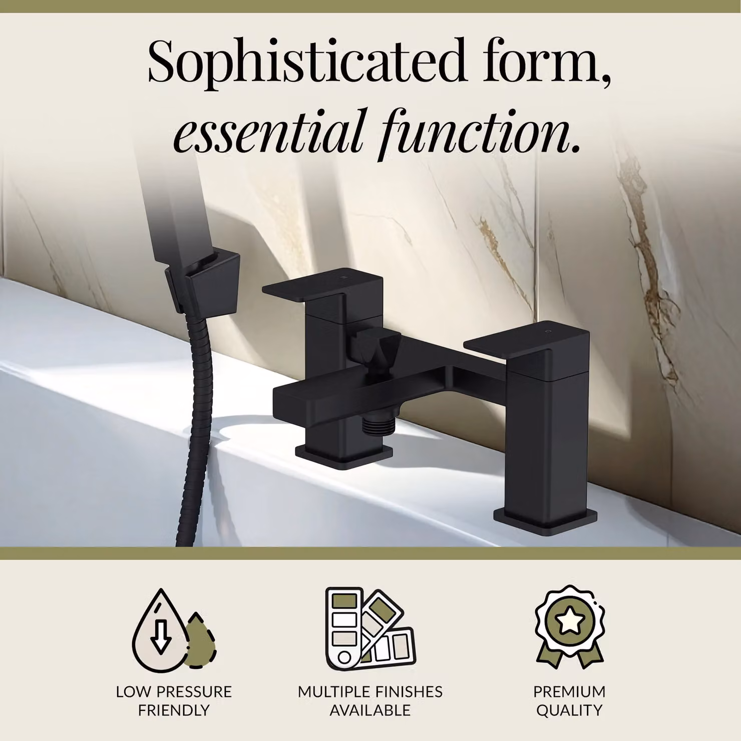 Balterley Square Bath Shower Mixer Tap with Dual Levers and Shower Kit, Matt Black, W/D/H: 22.8 x 15.2 x 11.9 cm – 3