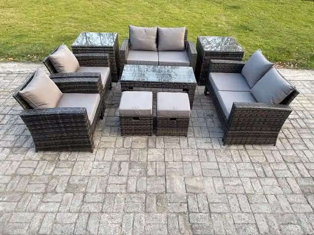 Fimous 8 Seater Dark Grey Rattan Garden Furniture Set with Coffee Table, Love Sofa, Armchairs and Footstools