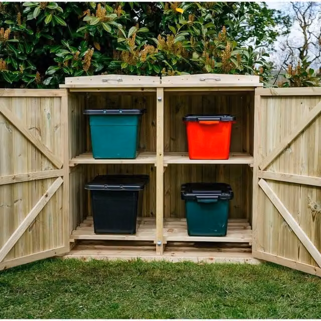 Buttercup Farm Shireburn 4 Box Timber Bin Store in Brown, W/D/H: 122.5 x 80.4 x 120 cm – 1