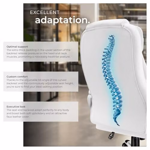 tectake Ergonomic Office Chair in White with Synthetic Leather Cover and Headrest – 4