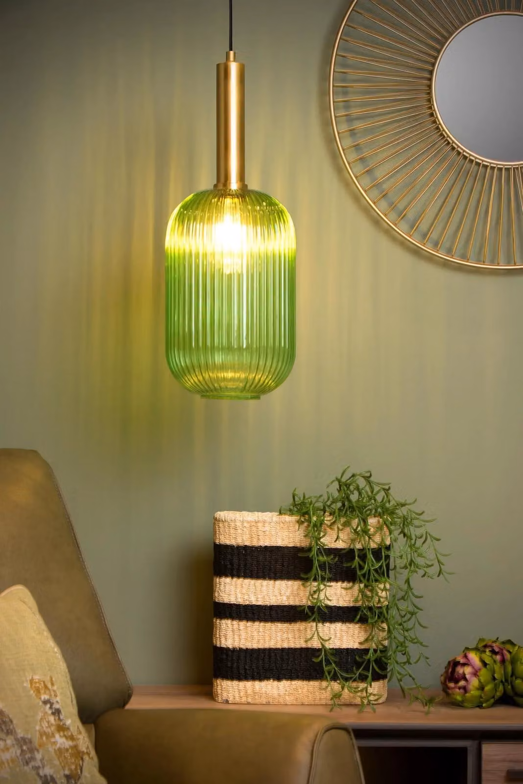 Lucide MALOTO Retro Dimmable Adjustable Pendant Light, Green and Gold/Brass, W/D/H: 40 x 40 x 150 cm – 2