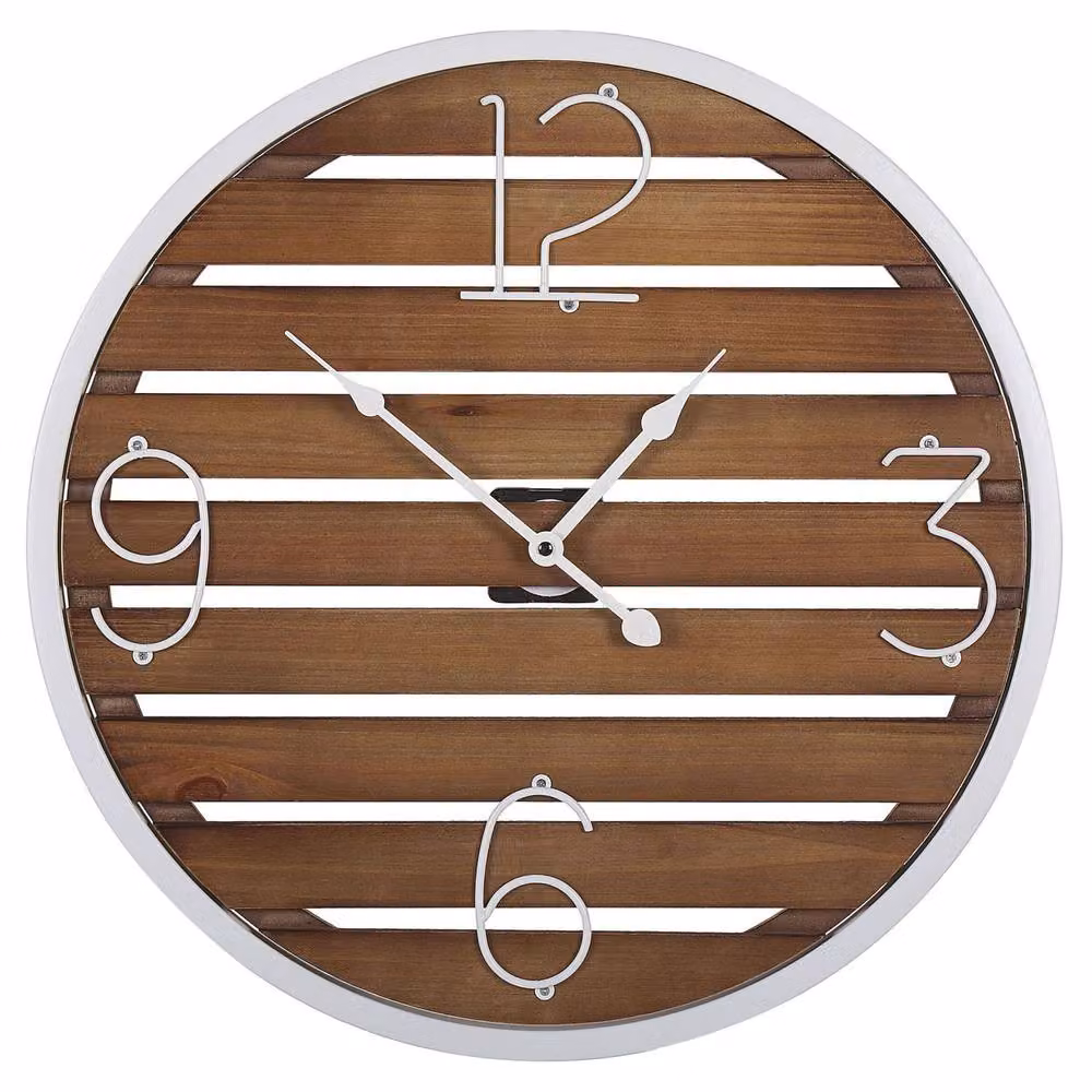 Wyld and Coco Round Analog Wall Clock in Brown and White with Wood Striped Face, Diameter: 50 cm – 2