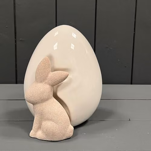Oak and Brook Gift Company White Ceramic Egg with Rabbit Easter Ornament
