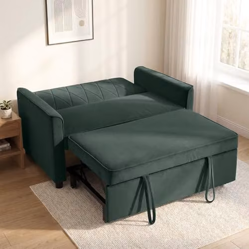 HOMCOM 2 Seater Velvet Sofa Bed in Dark Green, 3-in-1 Click-Clack Sleeper Loveseat with Solid Wood Frame – 8
