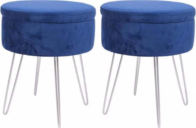Harbour Housewares Pack of 2 Round Velvet Storage Footstools in Blue, H 45 cm x D 36 cm – 1