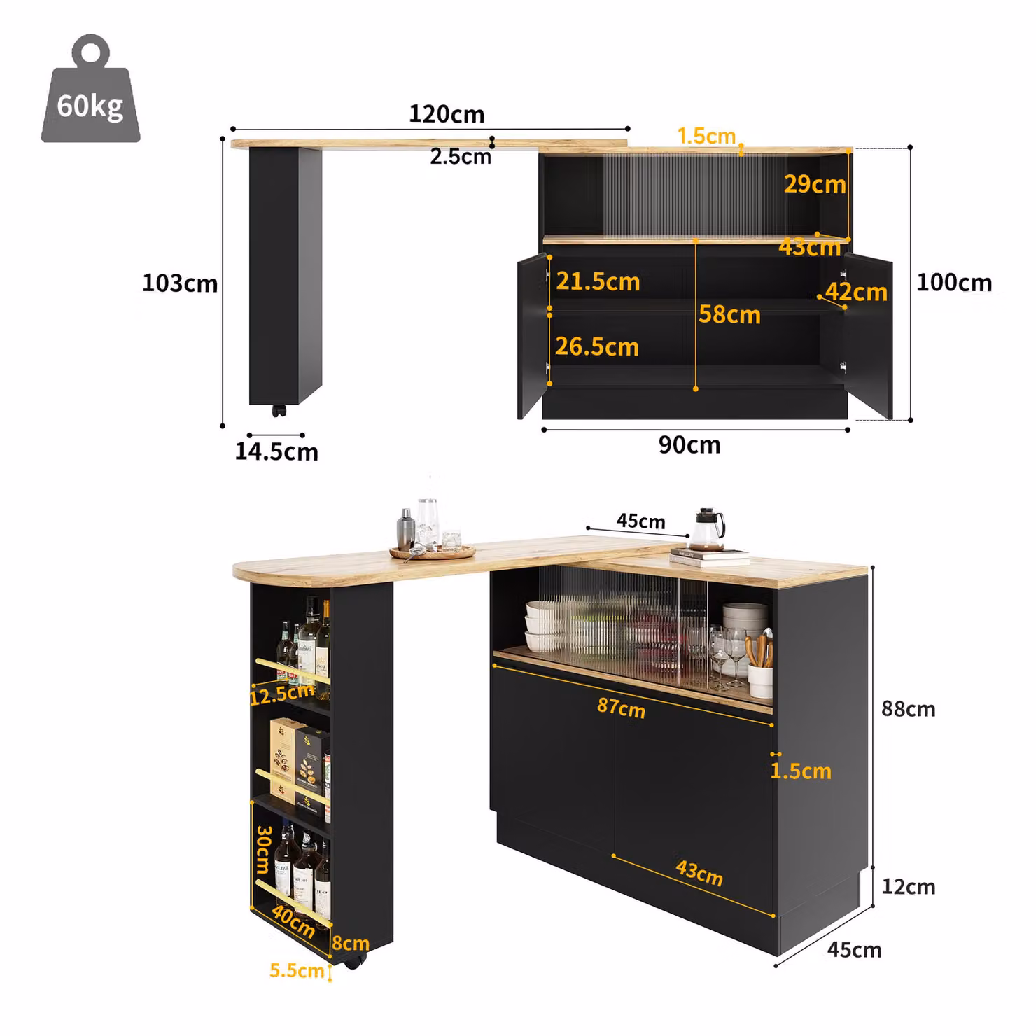 Aosom UK 360 Degree Rotating Bar Cabinet with Sliding Glass Doors and Open Shelves, Black, W/D/H: 120 x 90 x 100 cm – 3