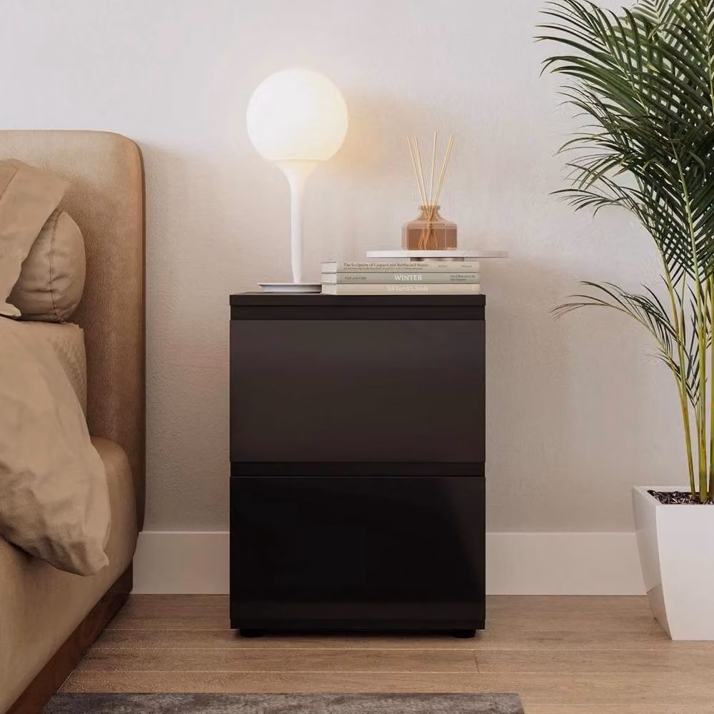 VOGREX Black 2-Drawer Wood Storage Bedside Cabinet – 4