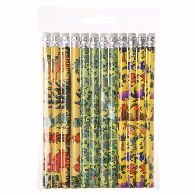 LG-Imports Pack of 12 Multicolour Dinosaur Design Graphite Wood Pencils with Eraser and White Accents