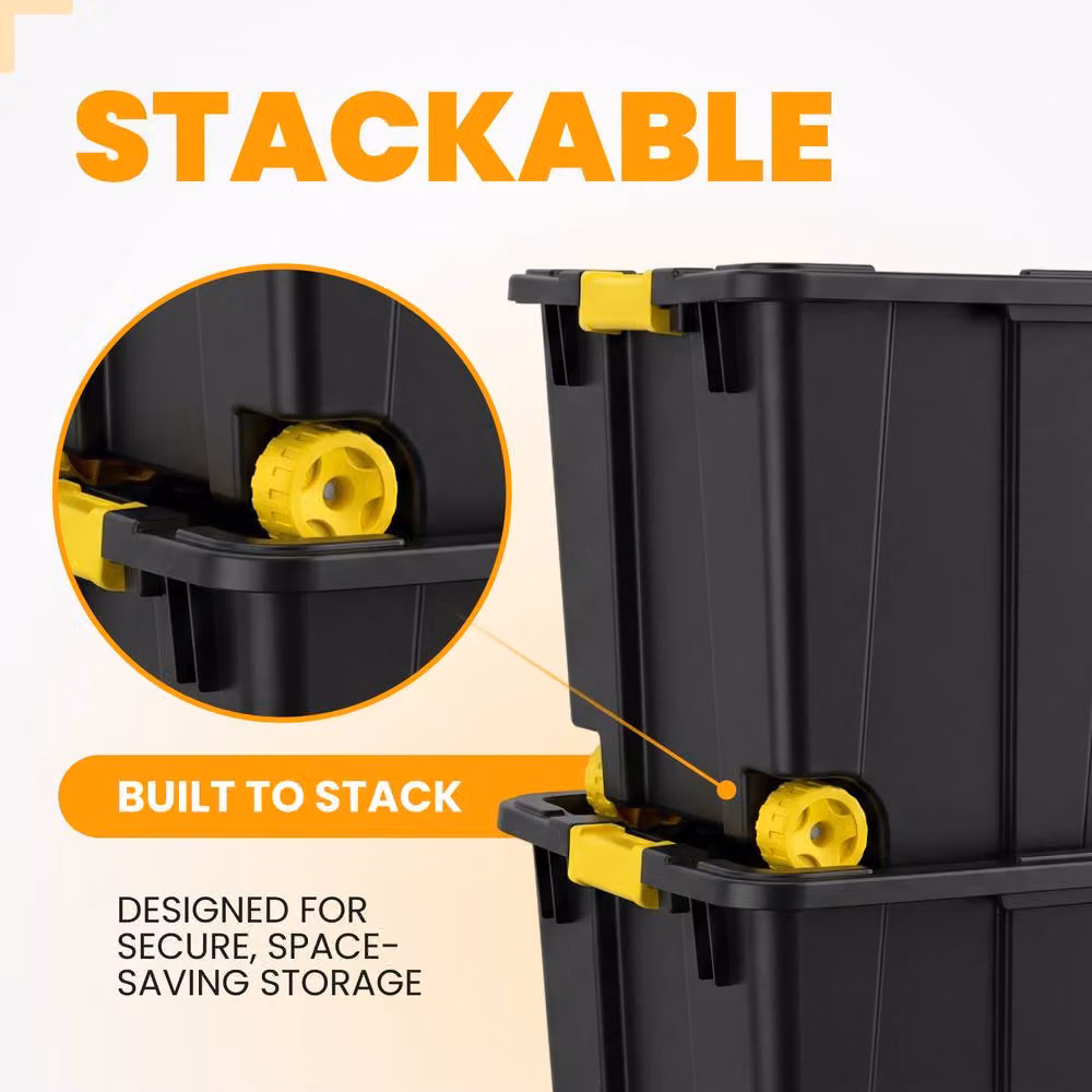 Novecrafto 2-Piece Set of 120L Large Black Plastic Storage Boxes with Lids, Wheels and Pull Handles – 7