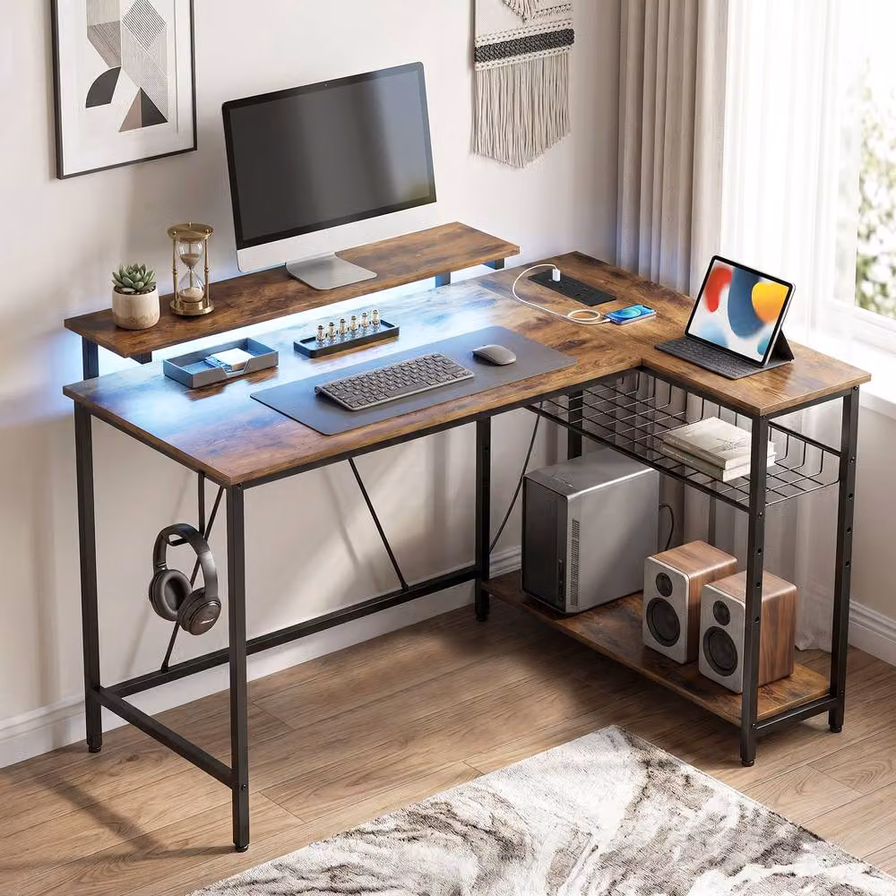 STILVORA Reversible L-Shaped Corner Desk with LED, USB and Storage in Brown – 2