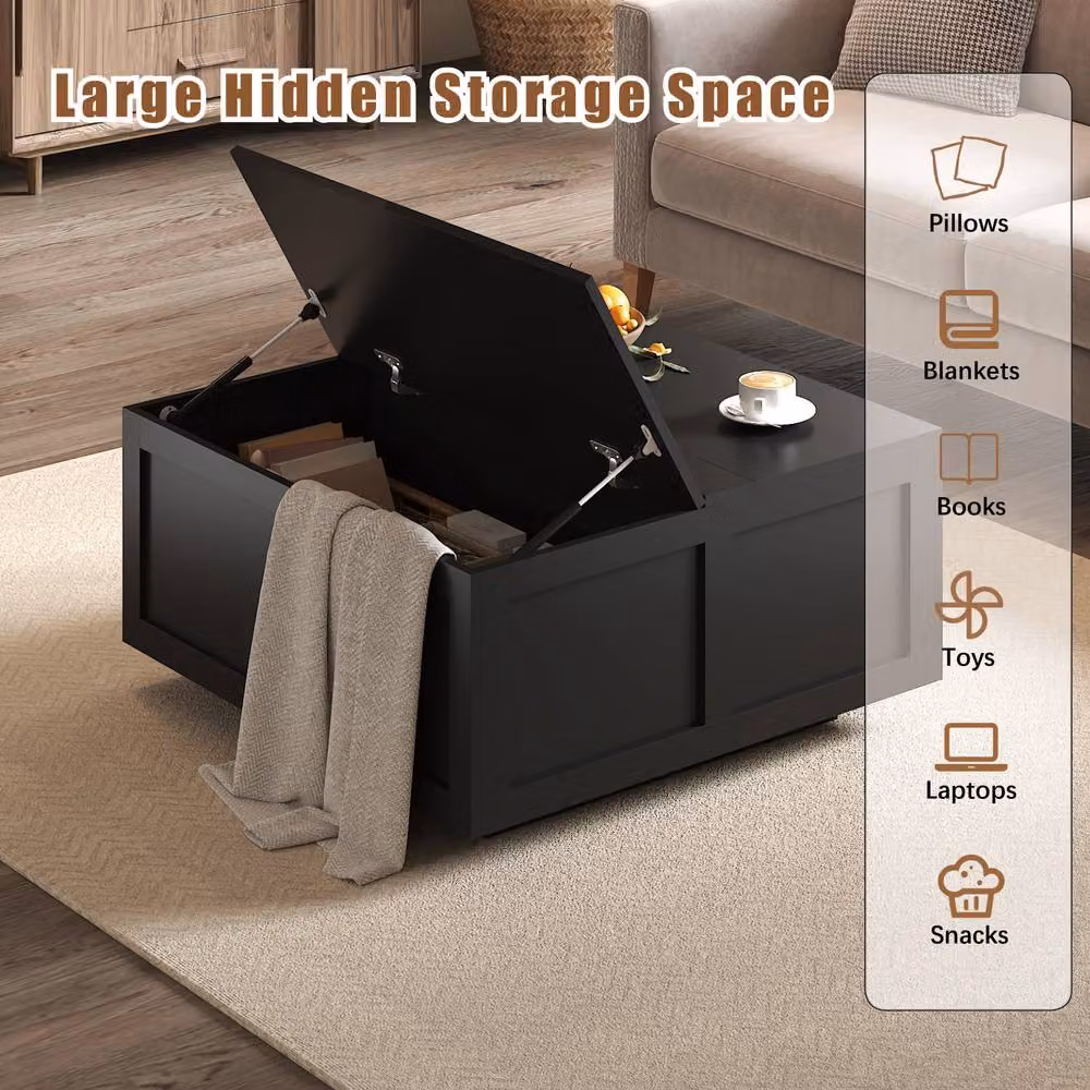 KEEPREAPER Modern Square Coffee Table with Height Adjustable Lift Mechanism and Glass Top in Black, W/D/H: 80.0 x 54.1 x 39.88 cm – 3
