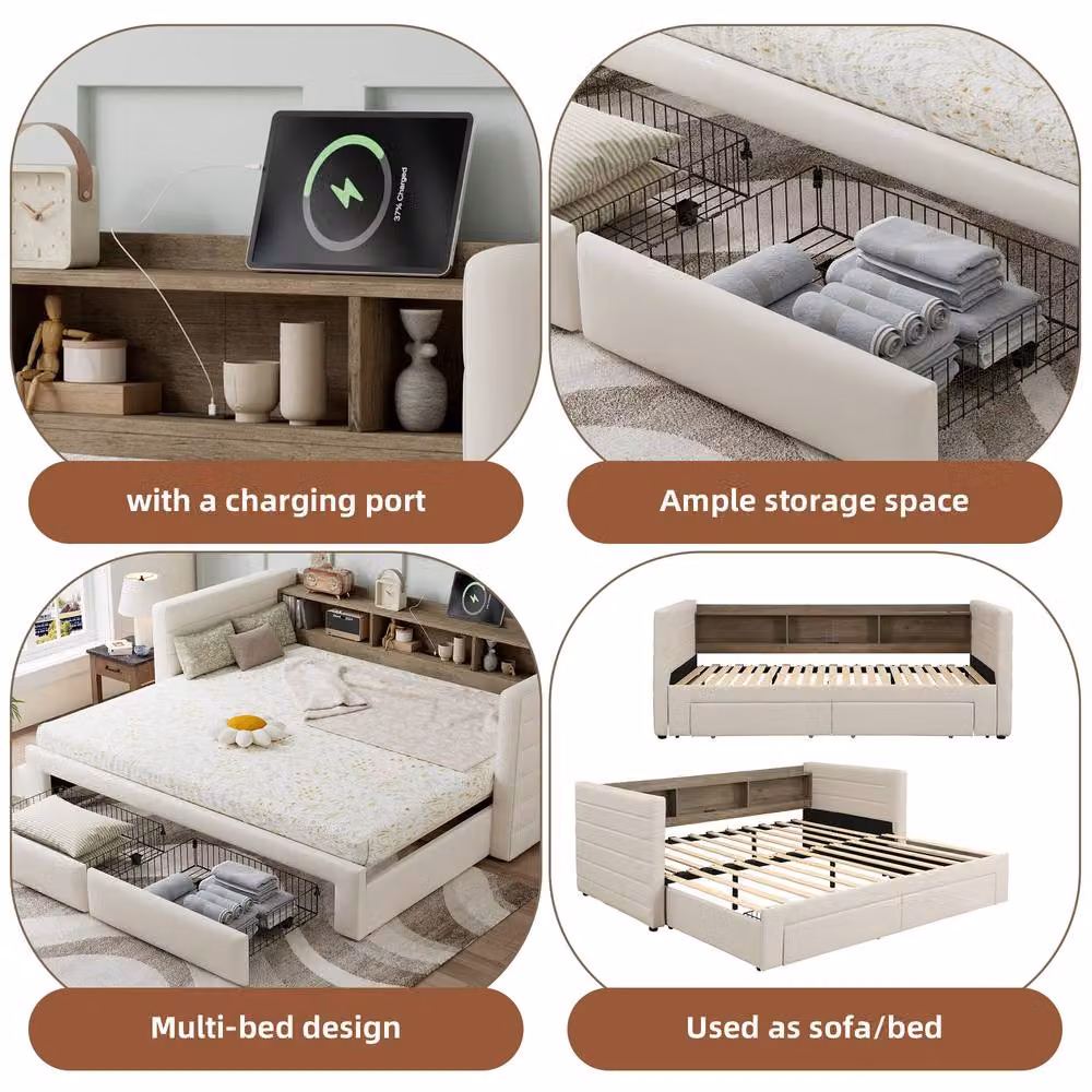 BTM Linen Upholstered Daybed with Trundle Storage Sofa Bed in Beige, W/D/H: 190 x 90 x 52.5 cm – 3