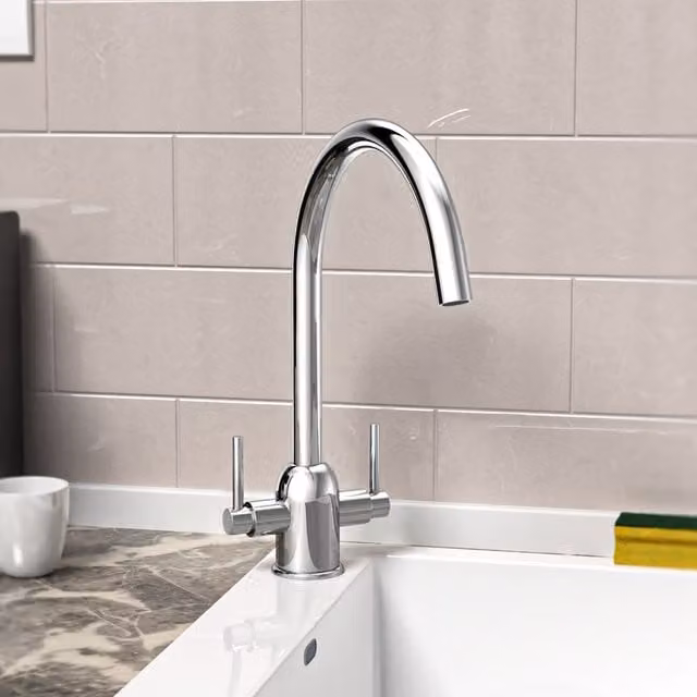 Nes Home Kallion Twin Lever Chrome Swivel Kitchen Sink Mono Mixer Tap in Silver – 1