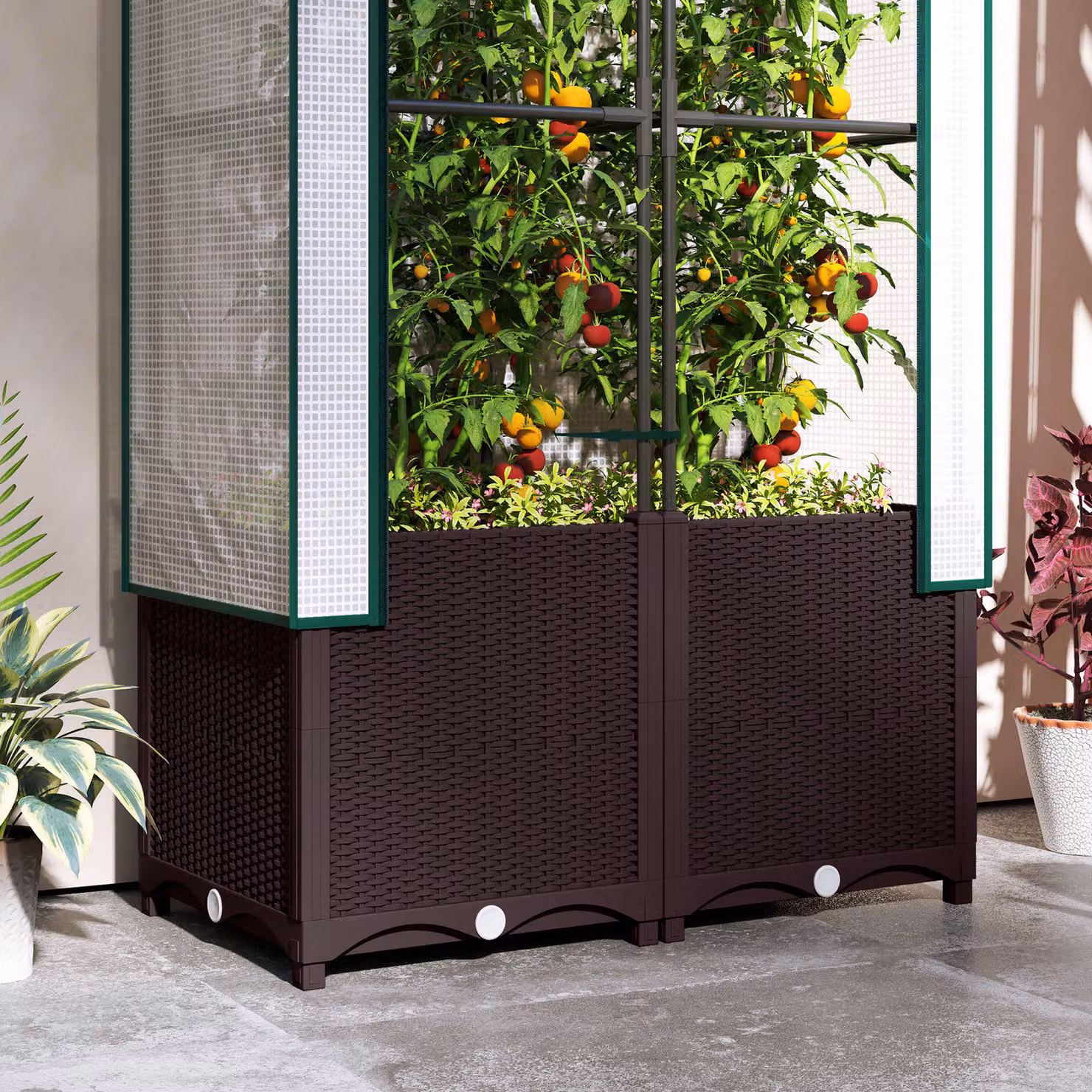 Outsunny Raised Garden Bed with Trellis, Brown Plastic Planter Box for Climbing Plants and Flowers, W/D/H: 80 x 40 x 140 cm – 8