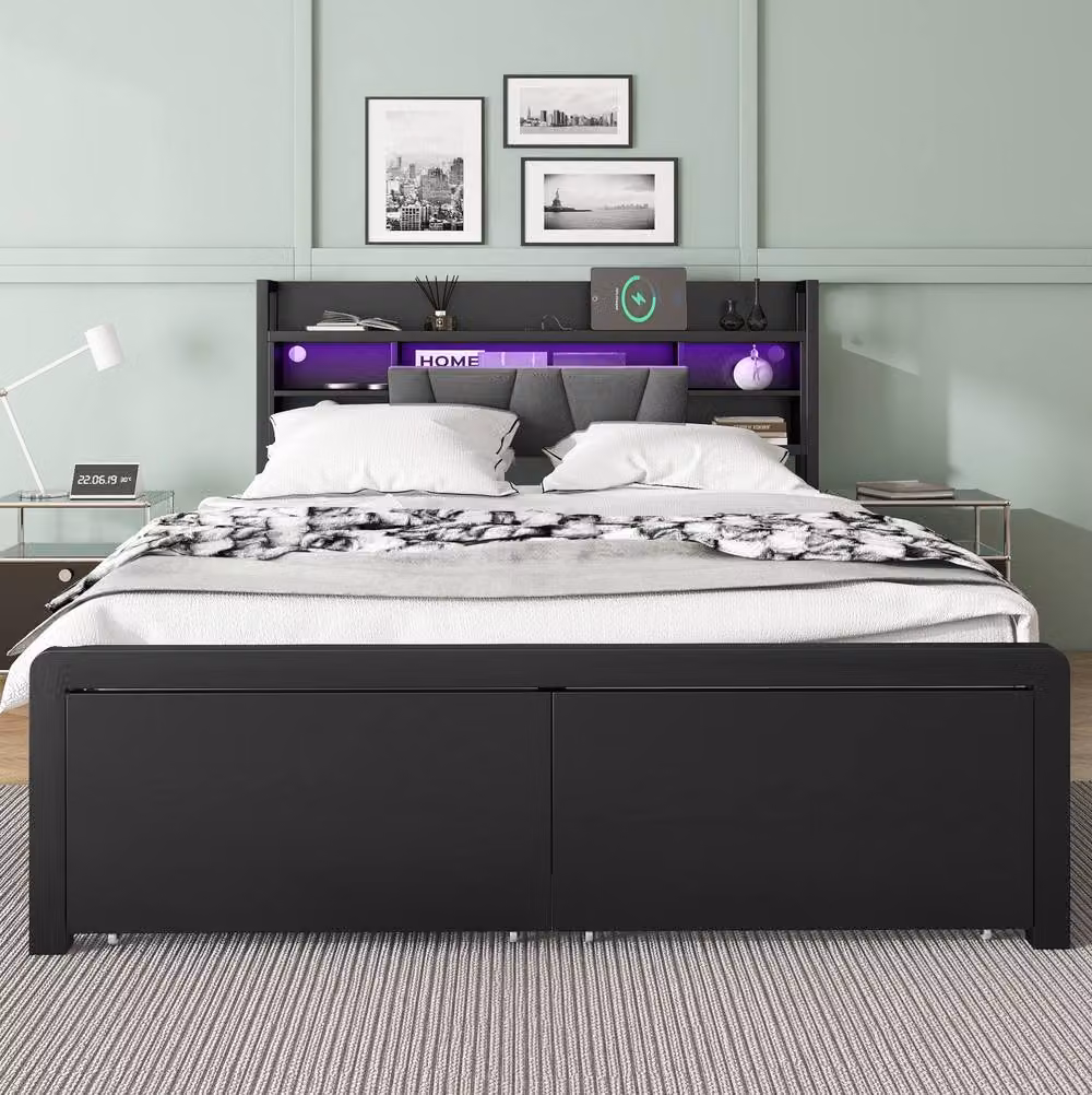 STILVORA Double Metal Bed in Black with Drawers, LED Lighting and USB Charging Port, W/D/H: 140 x 200 cm – 2