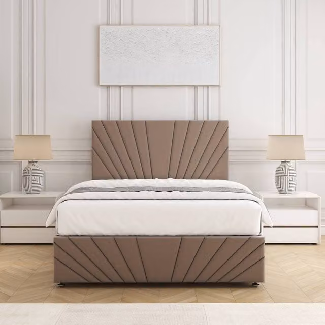 BSSPOKE Rose Divan Bed with 24 inch Plush Headboard and Footboard, Beige Velvet Fabric, W/D/H: 140 x 200 cm