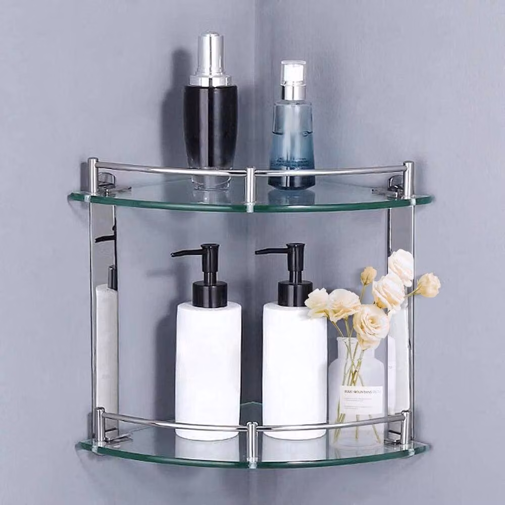 SPETLEK 2 Tier Wall Mounted Glass Bathroom Corner Shelf in Clear – 4