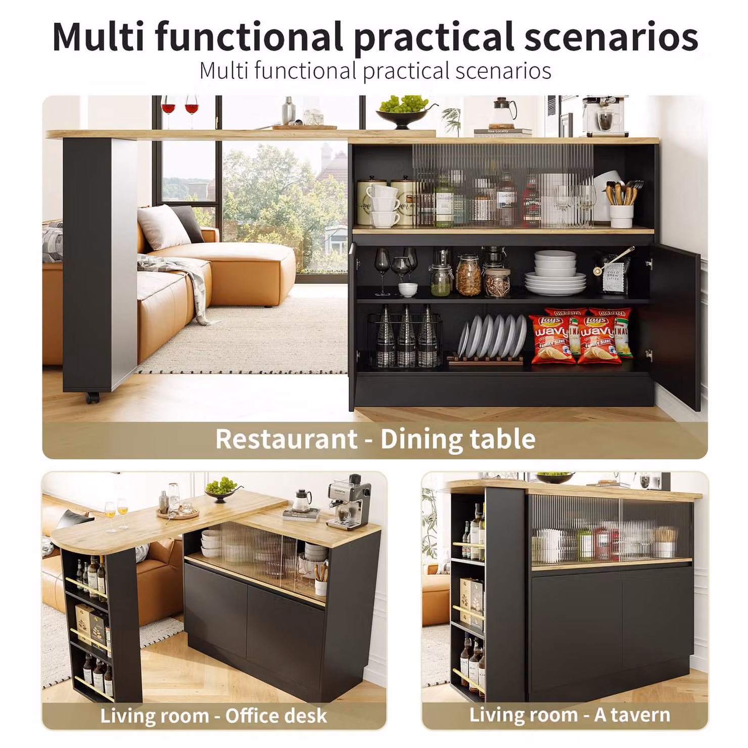 Aosom UK 360 Degree Rotating Bar Cabinet with Sliding Glass Doors and Open Shelves, Black, W/D/H: 120 x 90 x 100 cm – 5
