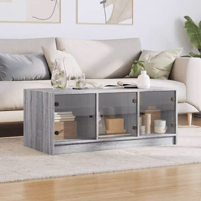 Berkfield Home Modern Coffee Table with Glass Doors in Grey Sonoma, W/D/H: 102 x 50 x 42 cm