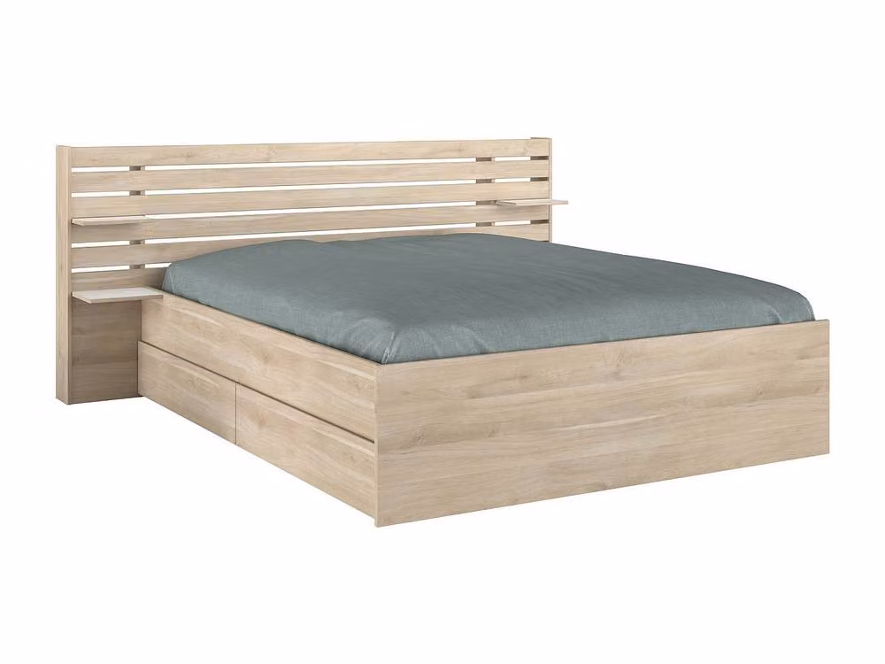 Vente-unique Tenalia II Double Bed with Storage in Light Oak and Beige, W/D/H: 160 x 200 x 72 cm – 2