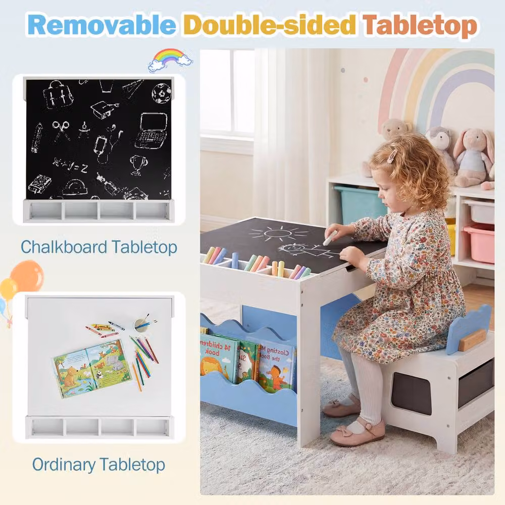CASART Wooden Kids Table and Chairs Set with Chalkboard and Drawers in Blue – 6