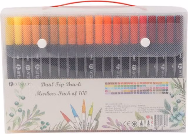 Art Studio Pack of 100 Multicolour Dual Tip Brush Ink Markers