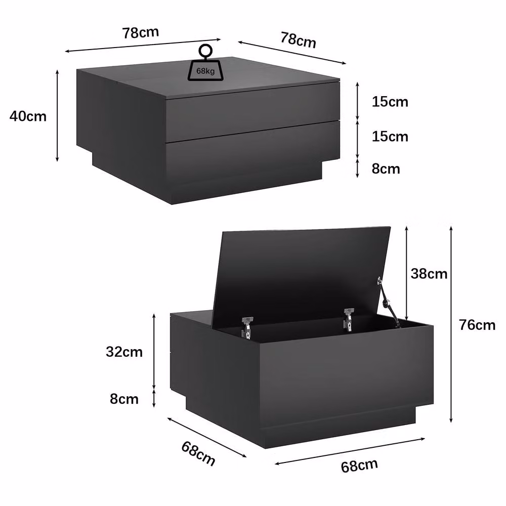 KEEPREAPER Modern Square Coffee Table with Storage and LED Light in Black – 3