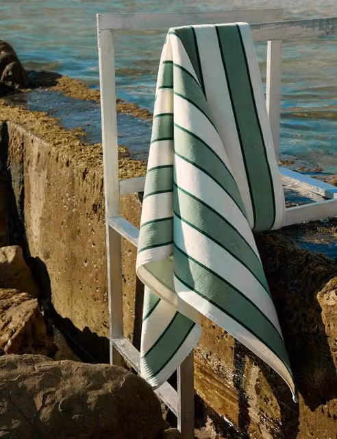 M&S Green Striped Pure Cotton Sand Resistant Beach Towel
