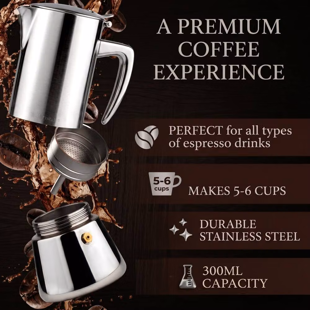 Crystals 6 Cup Stainless Steel Espresso Maker Stovetop Moka Pot in Metallic Silver – 5