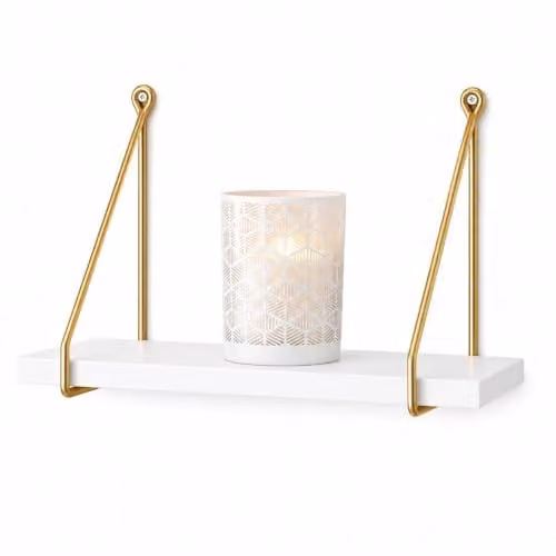 SPOT ON DEALZ Industrial Floating Wall Shelf, White MDF and Gold Metal, W: 40 cm, D: 15 cm, H: 20 cm