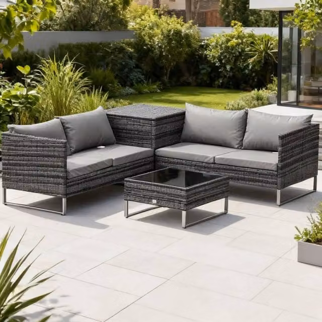 ERGOVEXA 4 Piece Grey Rattan Garden Furniture Set with Upholstered Cushions and Powder Coated Steel Frame