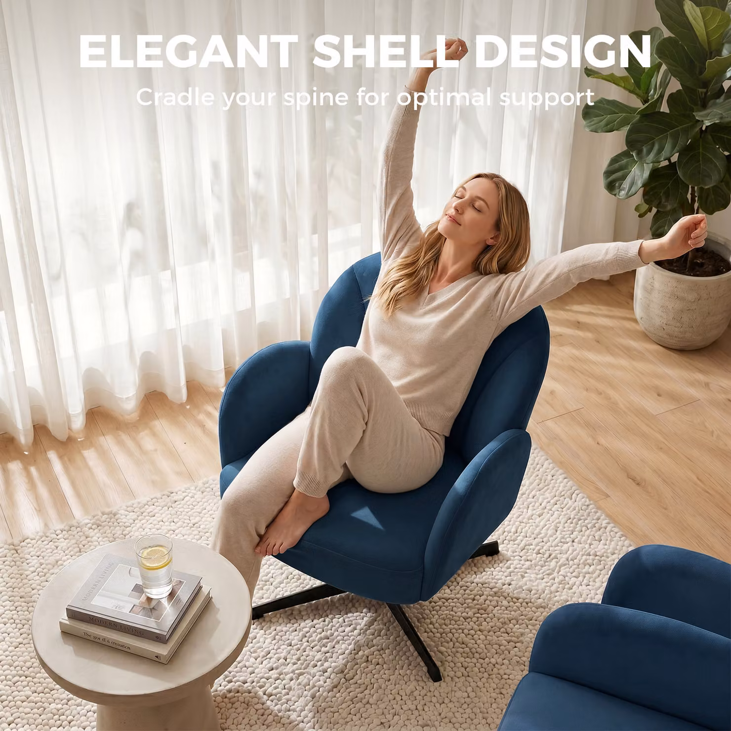 HOMCOM Blue Velvet Shell-Shaped Swivel Accent Chair with Armrests and Metal Base – 3