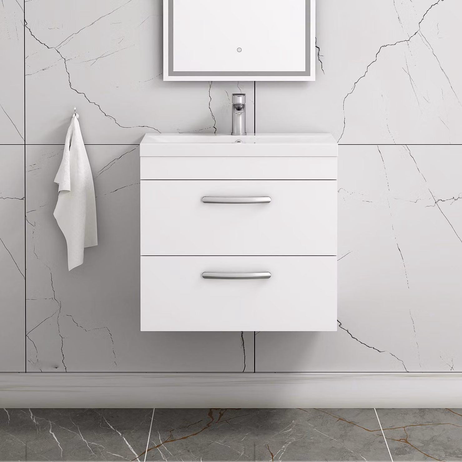 Royal Bathrooms Turin Gloss White Wall Hung Vanity Unit with 2 Drawers and Mid-Edge Sink, Width: 60 cm