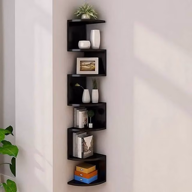 EONLION 7 Tier Floating Corner Shelves, Black Wooden Wall Mounted Storage Display Shelf, W: 50 cm