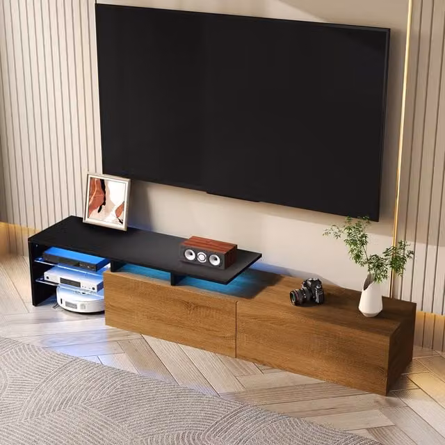 Merax Modern Freestanding TV Cabinet with Integrated LED Lighting and Glass Shelves in Beige, Sand or Brown, W: 170 cm, D: 33.5 cm, H: 33 cm