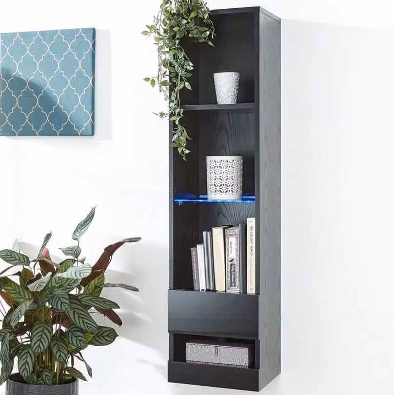 GFW Galicia Modern Glossy Black Wall Mounted Tall LED Shelving Unit with 4 Shelves, H 120 x W 30 x D 30 cm