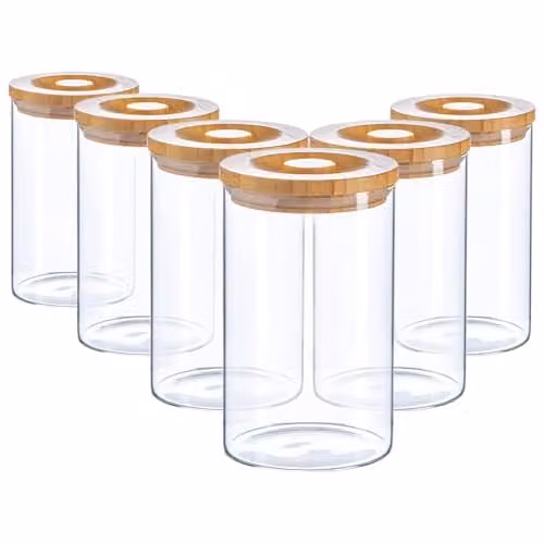 Argon Tableware Scandi Airtight Glass Storage Jars with Wooden Lids, 1 Litre, 6 Pack, Transparent – 1