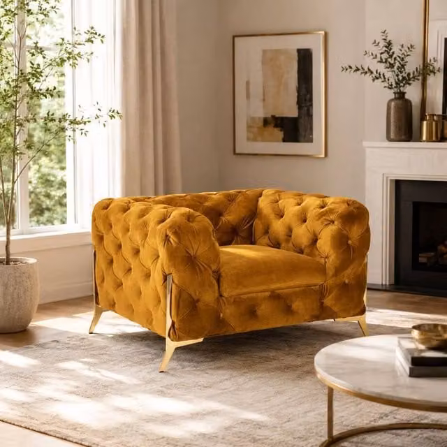 Stratus Interiors Mustard Yellow Plush Velvet 1 Seater Italian Chesterfield Sofa – 1
