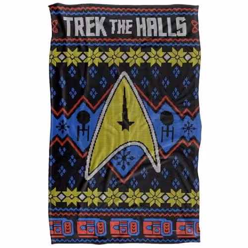 LOGOVISION Star Trek The Halls Ugly Christmas Sweater Super Soft Silky Feel Fleece Blanket, Multicolour, W: 91.44 cm, L: 147.32 cm – 1