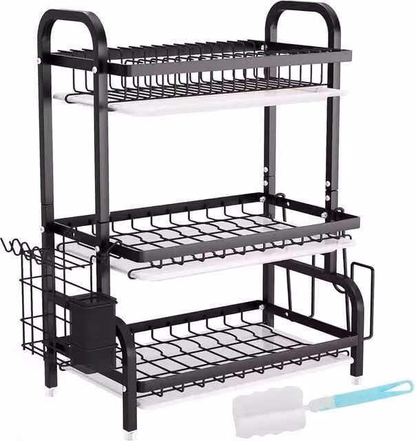 Kelvenix 3 Tier Dish Drainer Rack in Black with Cutlery Holder and Drip Tray – 1