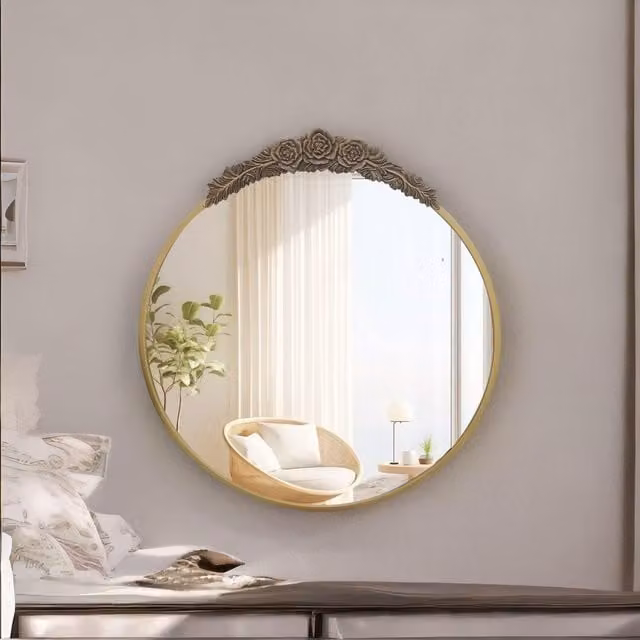 FURNOS Gold Embossed Retro Round Wall Mirror with Floral Design, Diameter: 80 cm