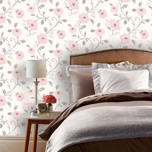 Arthouse Floral Trail Botanical Wallpaper in White, Grey, Pink and Silver
