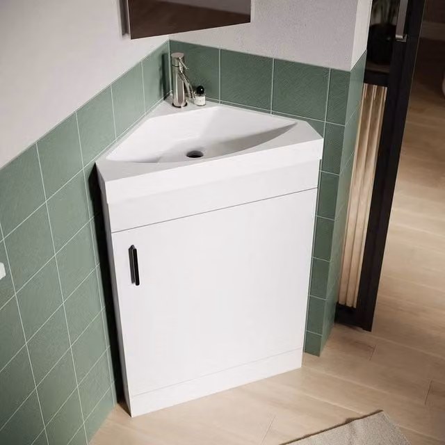 PAWNORA Modern Freestanding Corner Bathroom Vanity Unit in White Glossy Finish